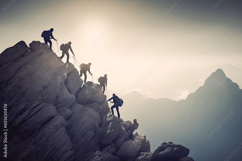 © VisualProduction - Enterprise diligence team work mountaineering concept. Symbol of successful achievement with goal and objective target. Generative AI