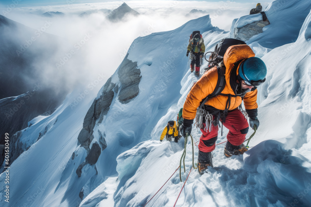 Climbers crossing a crevasse over a ladder. Everest Nepal hiking in snow. Generative AI