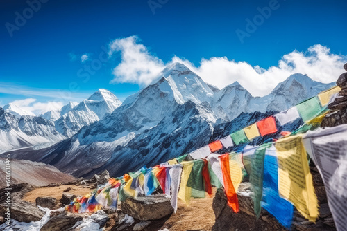 Mount Everest with tourist trekking and prayer flags in background. Everest Nepal hiking in snow. Generative AI