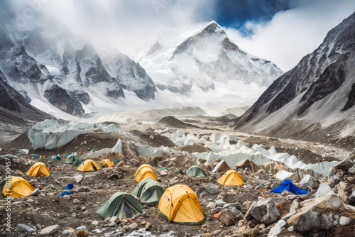 Mount Everest base camp. Group of people camping during trekking Everest Nepal in snow. Generative AI © VisualProduction
