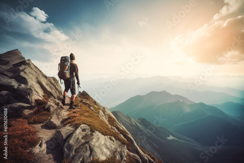 Setting goals in life concept. Mountain climber heading to the top. Symbol of successful achievement with goal and objective target. Generative AI