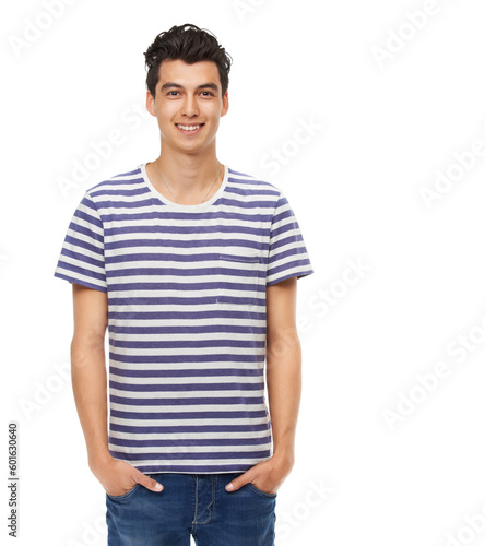 Portrait, smile and young man pose with hands in pocket or attractive guy in fashion t-shirt or relax and isolated on white background. Handsome, adult and confident or style male person in studio