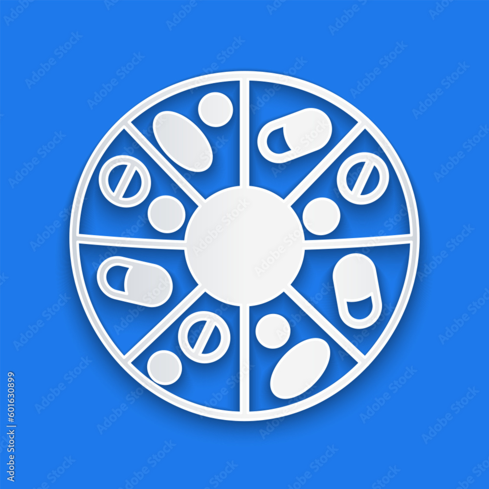 Paper cut Vitamin complex of pill capsule icon isolated on blue background. Healthy lifestyle. Paper art style. Vector Paper cut Vitamin complex of pill capsule icon isolated on blue background. Healthy lifestyle. Paper art style. Vector