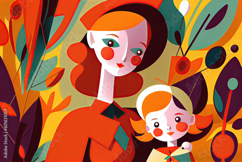 Whimsical illustration of mother and child (Generative AI)