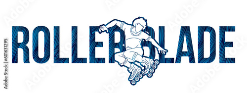 Roller blade Roller Skate Player with Text Font Design Extreme Sport Cartoon Graphic Vector