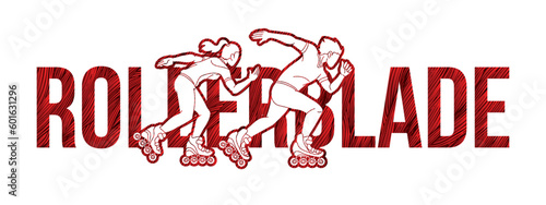 Roller blade Roller Skate Player with Text Font Design Extreme Sport Cartoon Graphic Vector
