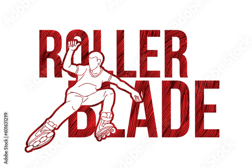 Roller blade Roller Skate Player with Text Font Design Extreme Sport Cartoon Graphic Vector