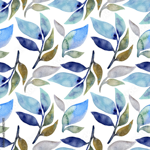 Seamless pattern of watercolor blue and purple leaves. Hand drawn illustration. Botanical hand painted floral elements on white background.