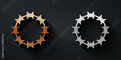Gold and silver Crown of thorns of Jesus Christ icon isolated on black background. Religion, bible, christianity concept. Long shadow style. Vector