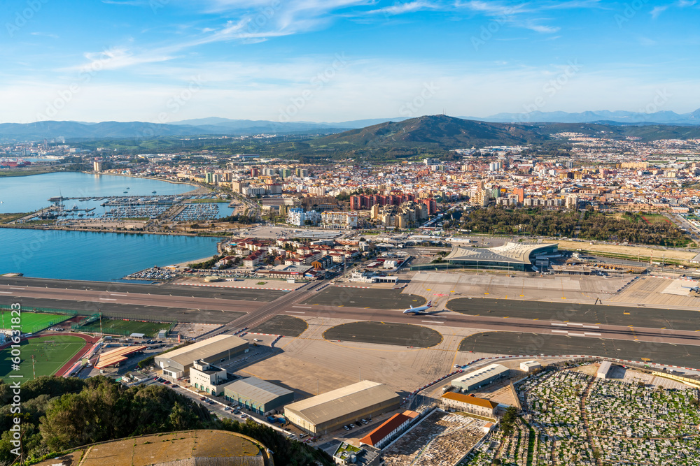View of the Gibraltar airport and Spanish town La Linea de Conception from the Upper Rock. UK