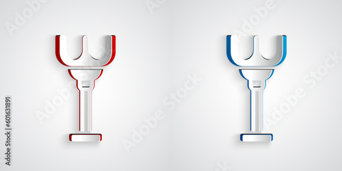 Paper cut Rake toy icon isolated on grey background. Children toy for beach games. Paper art style. Vector