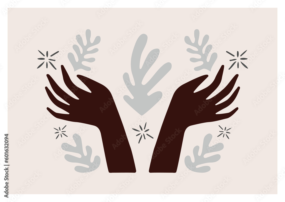 Minimalistic hand illustration, with leaves. Contemporary aesthetic boho background with women's hand gestures. Mid century modern minimalist art print. Vector illustration.
Minimalistic hand illustration, with leaves. Contemporary aesthetic boho background with women's hand gestures. Mid century modern minimalist art print. Vector illustration.