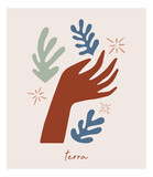 Minimalistic hand illustration, with leaves. Contemporary aesthetic boho background with women's hand gestures. Mid century modern minimalist art print. Vector illustration.
