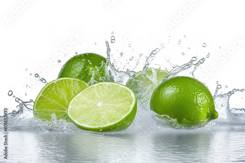 Refreshing limes with water splashes on a white background. created with Generative AI