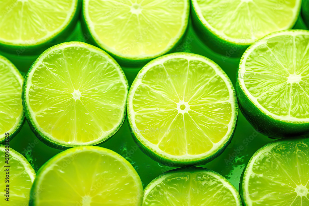 Refreshing Lime Slice on Bright Green Background for Summer Themed Designs. created with Generative AI