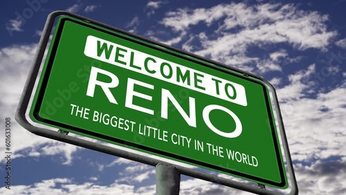 Welcome to Reno Nevada, The Biggest Little City in The World Slogan, US Road Sign Close Up, Realistic 3d Animation