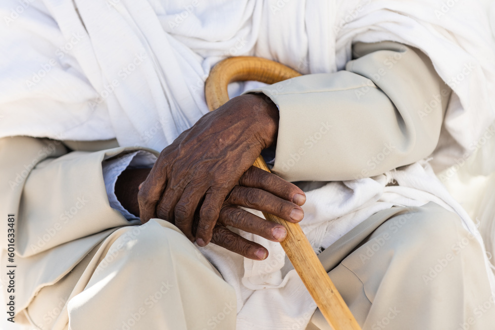 Elderly Ethiopian man's hands and cane