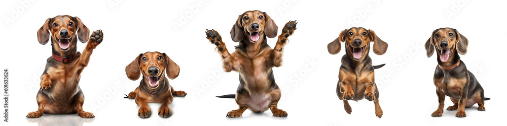 Animals pets dogs banner panorama long - Collection of funny cute crazy laughing lying, jumping, standing, sitting dachshund dog, isolated on white background, Generative AI