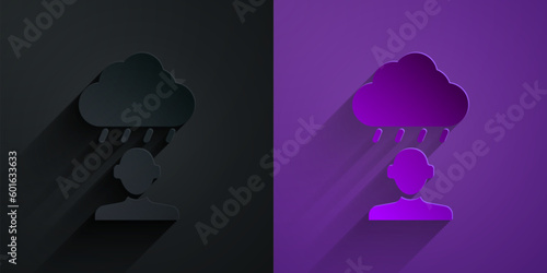 Paper cut Depression and frustration icon isolated on black on purple background. Man in depressive state of mind. Mental health problems. Paper art style. Vector