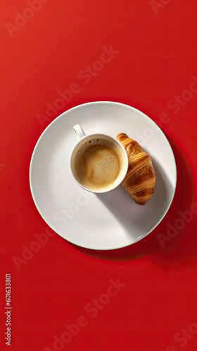 An overhead view of a minimalistic breakfast on a white plate, isolated on a solid background, generative AI