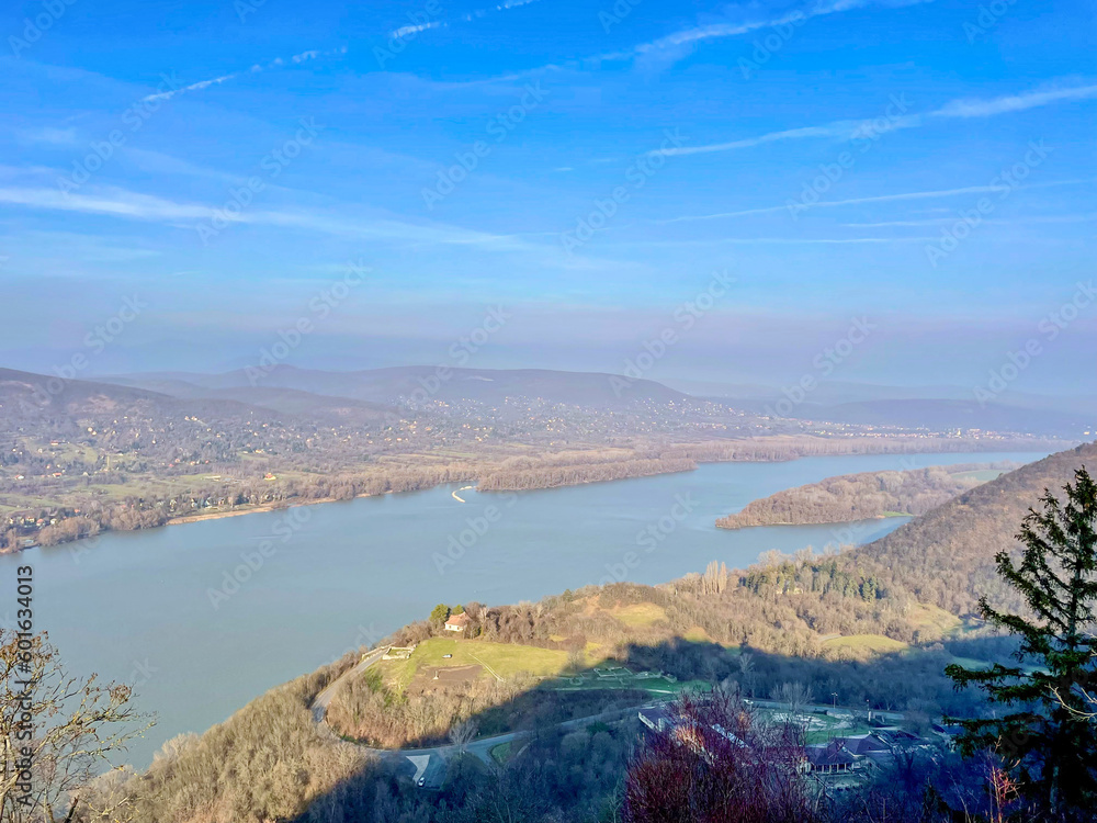 View from the castle ruins in Visegrad, Hungary, on the Danube on a hazy morning