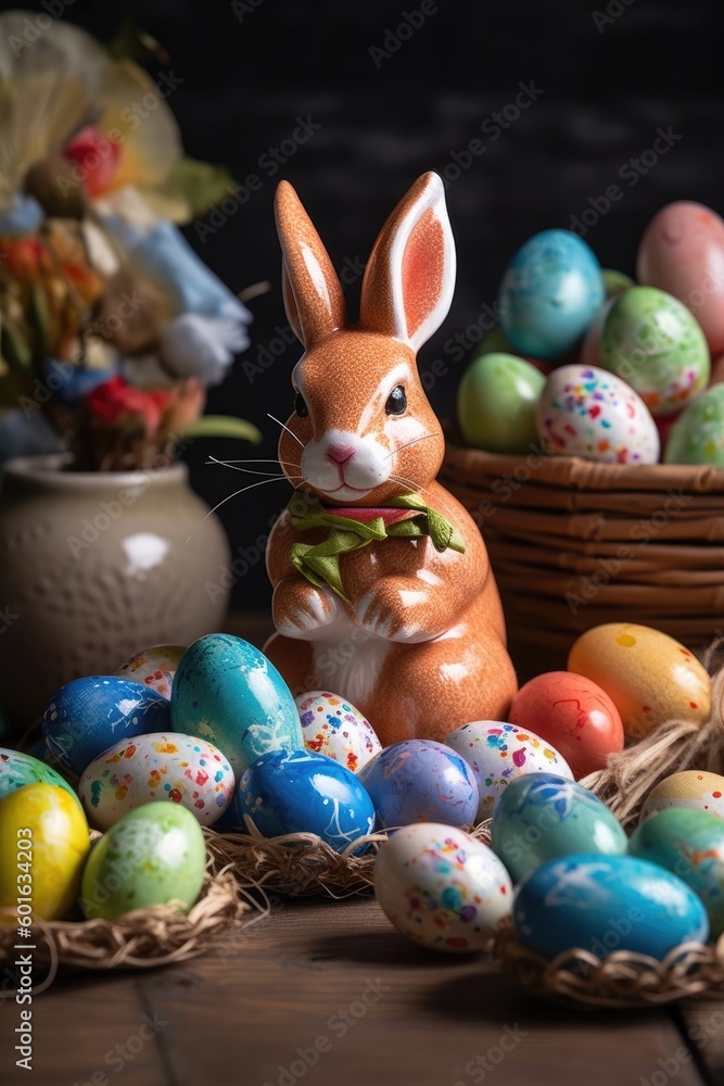 The Easter bunny has many colorful eggs and is happy. (Generative AI)