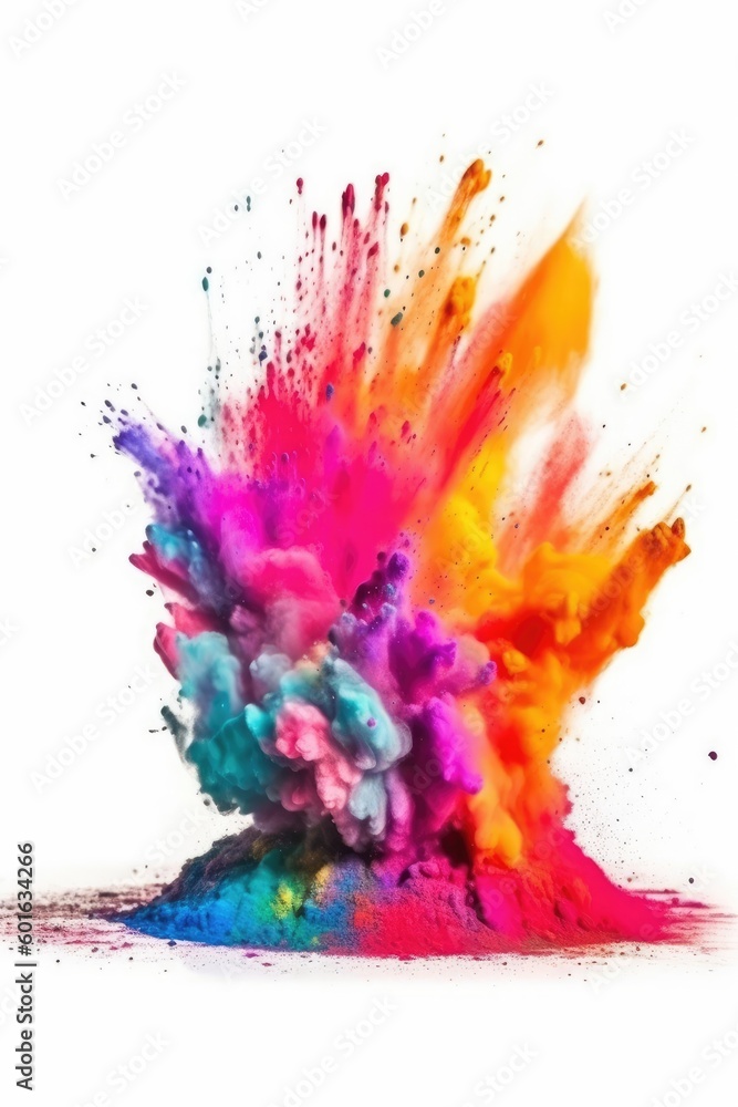 Rainbow holi powder paint explodes in multicolor on white background. (Generative AI)