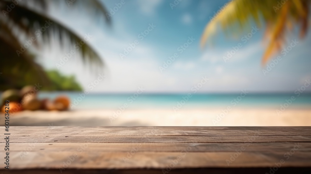 A tropical beach background with an empty wooden table makes a perfect summer holiday background for product display. (Generative AI) A tropical beach background with an empty wooden table makes a perfect summer holiday background for product display. (Generative AI)