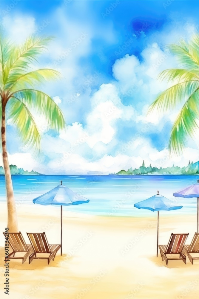 A beautiful beach banner displaying a watercolor painting of white sand, chairs, and an umbrella with a wide panorama background. (Generative AI)
