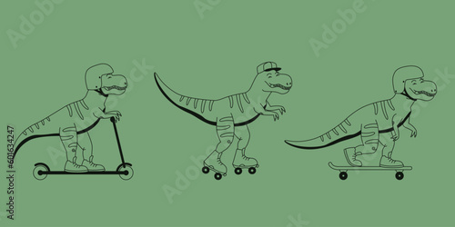Set of riding theranosaurs. Funny predators in outline style.