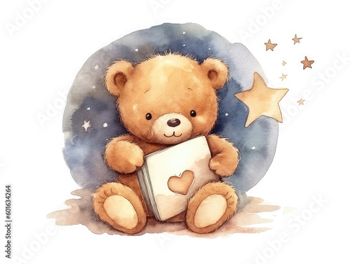 Cute teddy bear reads book on the moon; watercolor hand drawn illustration; can be used for baby shower or kid poster; with white isolated background