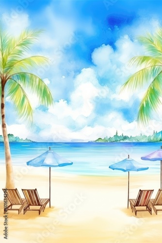 A beautiful beach banner displaying a watercolor painting of white sand, chairs, and an umbrella with a wide panorama background. (Generative AI) © HandmadePictures