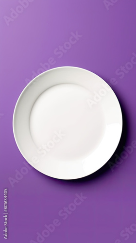 An overhead view of a white plate, isolated on a solid background, generative AI