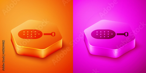 Isometric Sauna brush icon isolated on orange and pink background. Wooden brush with coarse bristles for washing in the bath. Anti cellulite massage. Hexagon button. Vector
