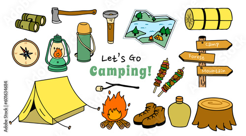 Set collection of camping items and characters. Camping. Adventure nature clipart. isolated element, hand-drawn style, vector illustration.
