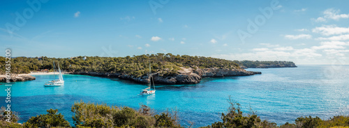 Konstfotografi Cala Mondrago bay with beach and blue sea at Mallorca