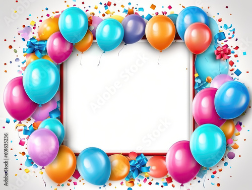 frame with balloons and confetti