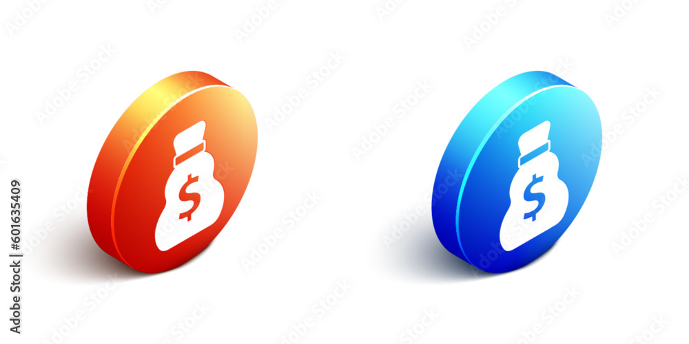 Obraz premium Isometric Old money bag icon isolated on white background. Cash Banking currency sign. Orange and blue circle button. Vector
