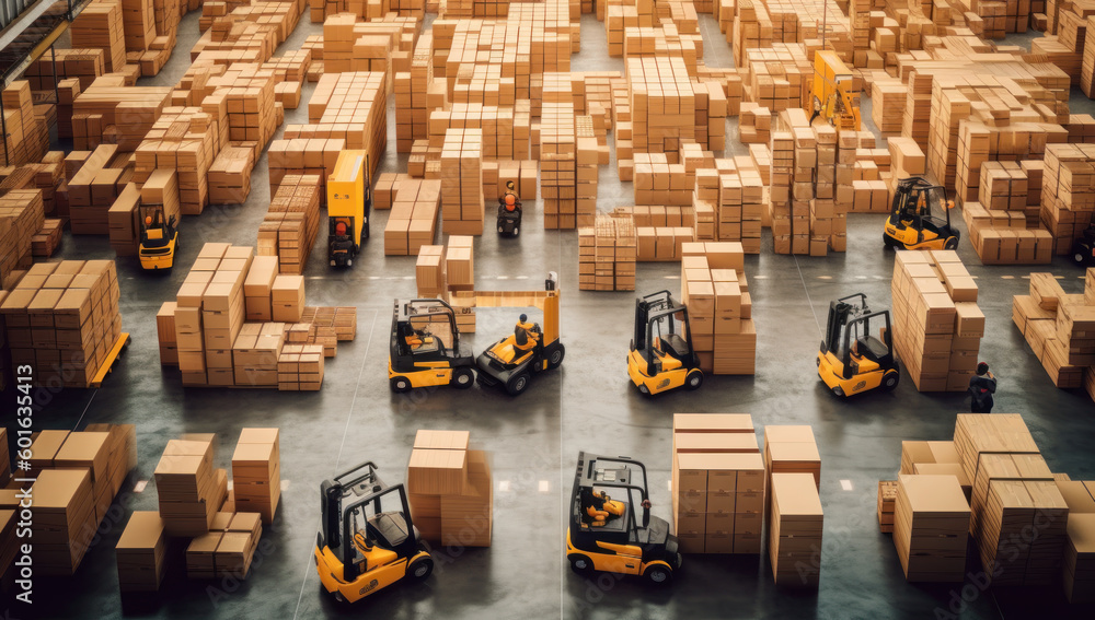 Naklejka premium Aerial View of Forklifts Carrying Boxes in Warehouse, Minimalistic Figurative Object Portraiture, Generative AI