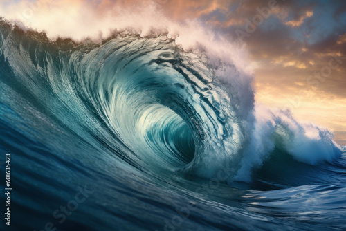 Huge Blue Ocean Waves Breaking Near Intense Wave Structure, Captivating Seascape, Generative AI © ArgitopIA