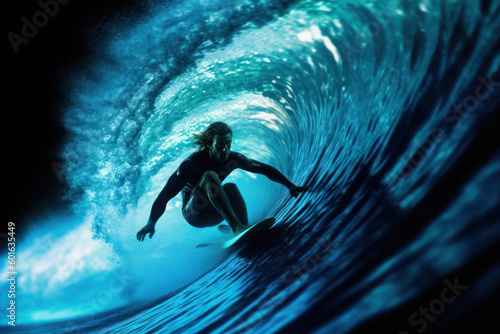 Young Surfer Riding Overhead Wave, Captured in Black and Aquamarine Colors, Generative AI © ArgitopIA