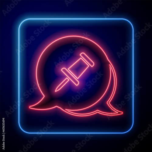 Glowing neon Push pin icon isolated on black background. Thumbtacks sign. Vector