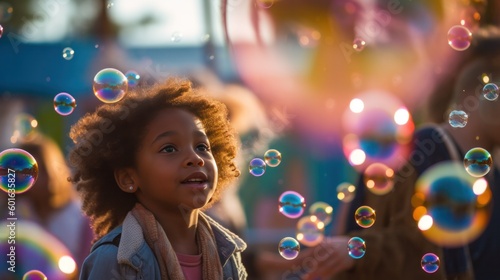 Children mesmerized by bubbles in a colorful playground, during a late afternoon with vibrant. Generative AI.