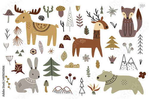 Set of forest animals. Cute fox, bear, deer, elk, rabbit. Ideal for scrapbooking, postcards, posters, tags, stickers. Hand drawn vector illustration. © Ольга Агуреева
