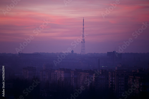 Red sunset from the roof of the city and a view of the city itself