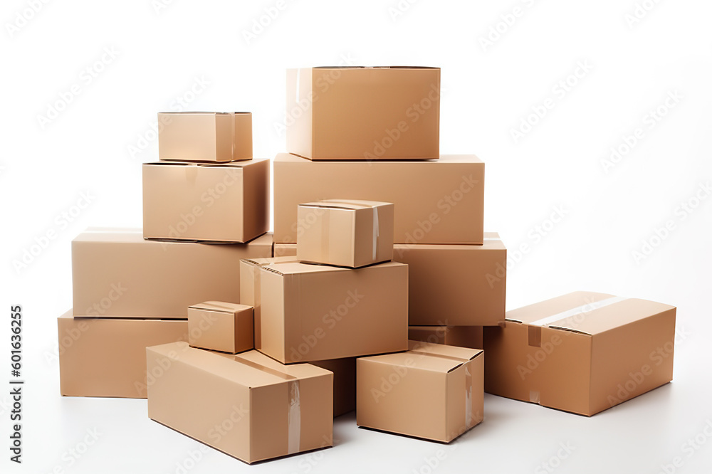 Stacked Cardboard Boxes on Solid White Background for Shipping and Storage. created with Generative AI Stacked Cardboard Boxes on Solid White Background for Shipping and Storage. created with Generative AI