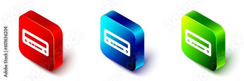 Isometric Car audio icon isolated on white background. Fm radio car audio icon. Red, blue and green square button. Vector