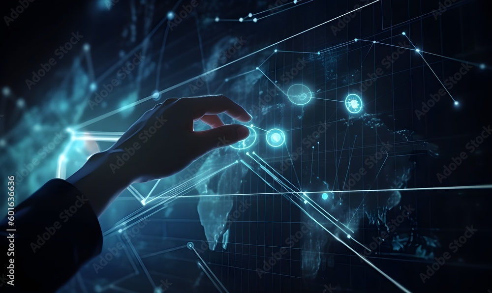Obraz premium Customer network relationship and business investment growth up management concept on virtual screens, Businessman hold future data graph development planning on the network structure of the business