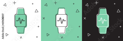 Set Smart watch showing heart beat rate icon isolated on white and green, black background. Fitness App concept. Vector