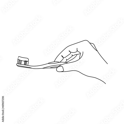 Hand holding a toothbrush with toothpaste. Cleaning the oral cavity concept. Hand drawn line vector illustration.